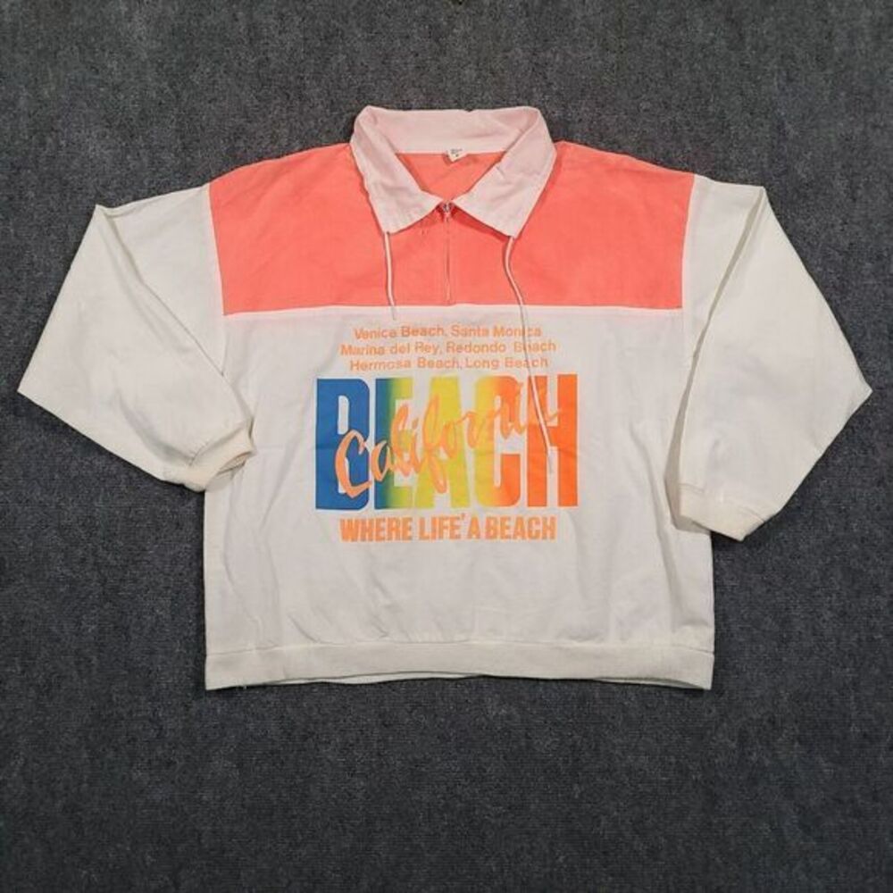 Vintage 80s Pullover‎ Qtr Zip Polo Medium Peach California Beaches Made In USA